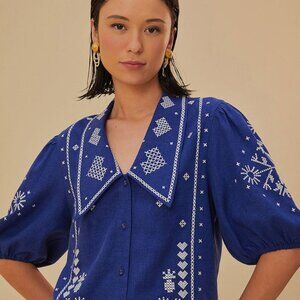 FARM Rio Navy Blue Embroidered Short Sleeve Shirt